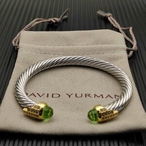 David Yurman Silver Cable Bracelet with Gold and Green Accents